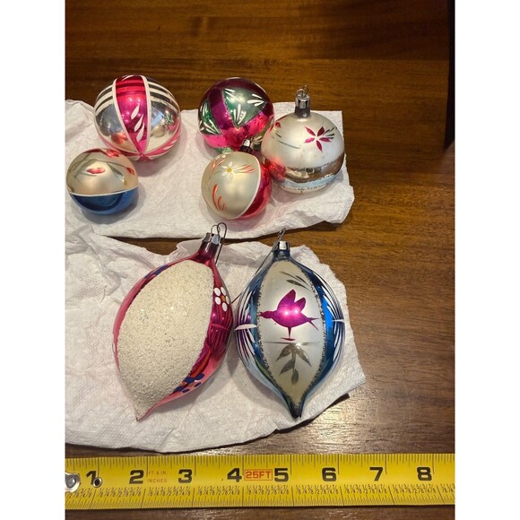 9 Vtg Mid Century Christmas Ornaments Hand Painted Mica Stripes Teardrop Ball Lo - Picture 11 of 16